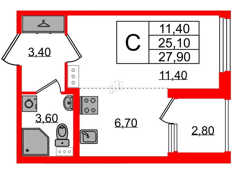 Квартира в ЖК Дубровский, студия, 27.9 м², 3 этаж