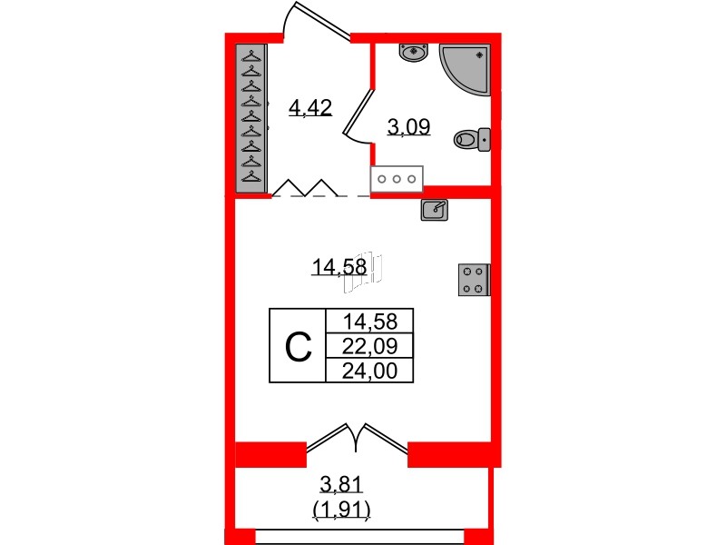Квартира в ЖК «Рождественский квартал», студия, 24 м², 2 этаж