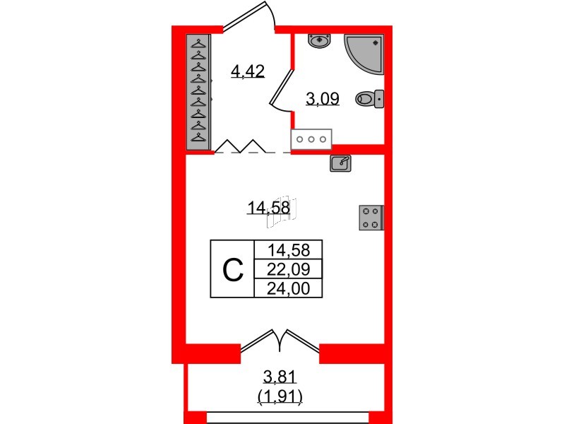 Квартира в ЖК «Рождественский квартал», студия, 24 м², 4 этаж