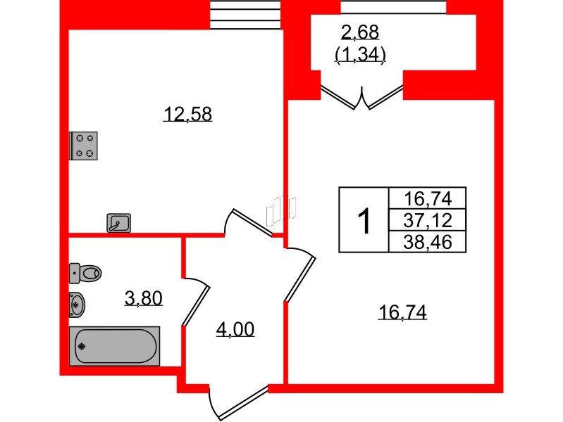 Квартира в ЖК «Рождественский квартал», 1 комнатная, 38.46 м², 1 этаж