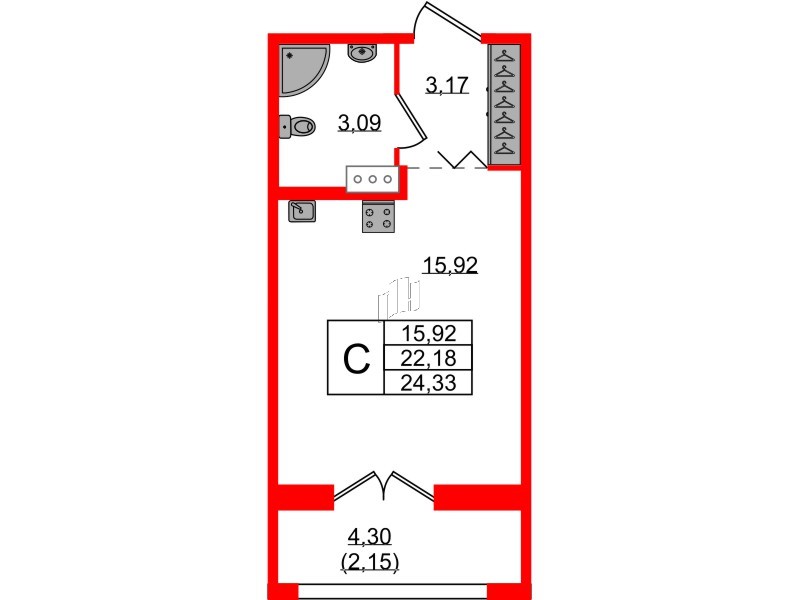 Квартира в ЖК Рождественский квартал, студия, 24.33 м², 3 этаж
