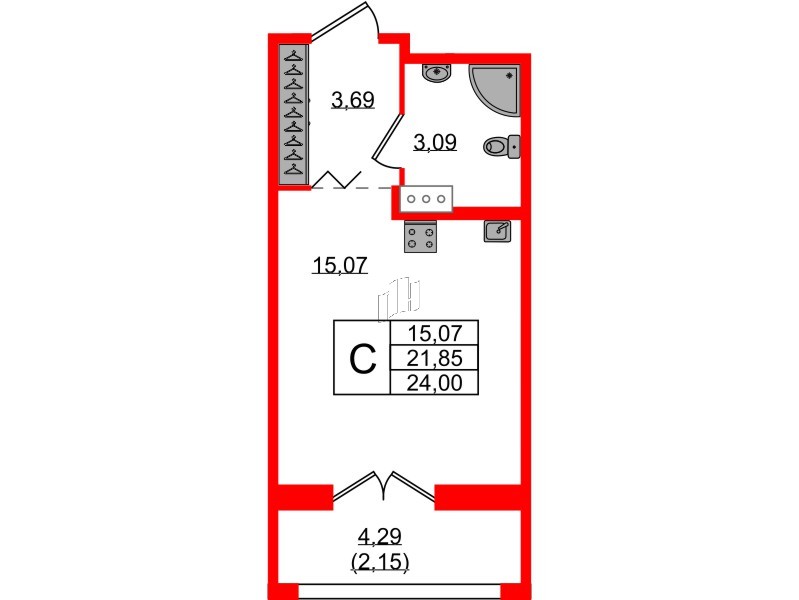 Квартира в ЖК «Рождественский квартал», студия, 24 м², 7 этаж