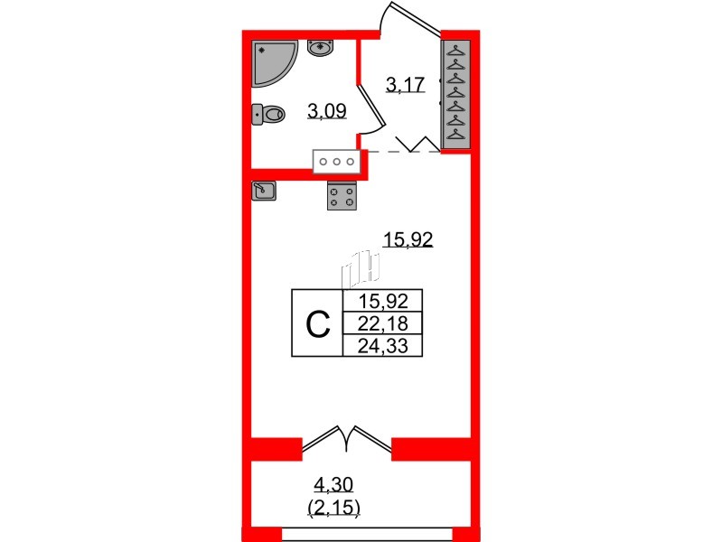 Квартира в ЖК Рождественский квартал, студия, 24.33 м², 2 этаж