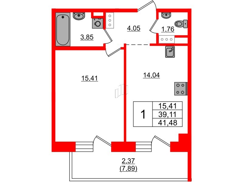Квартира в ЖК Лофт у Озера, 1 комнатная, 43.6 м², 3 этаж