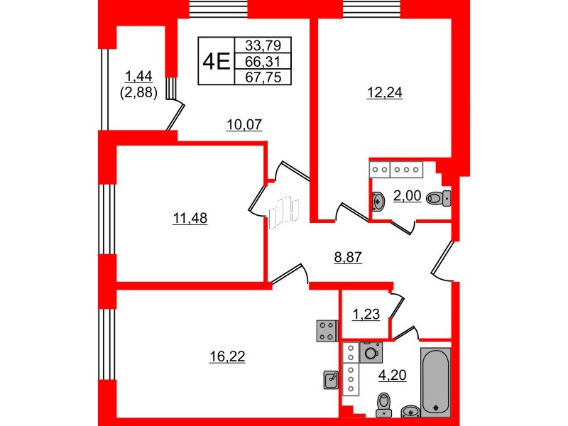 Квартира в ЖК БелАРТ, 3 комнатная, 67.75 м², 14 этаж