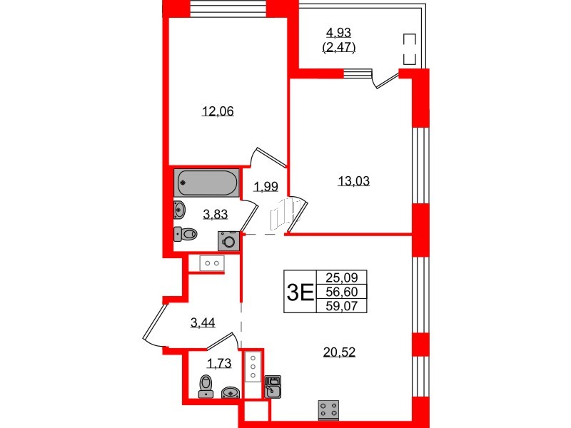 Квартира в ЖК N8, 2 комнатная, 59.5 м², 7 этаж