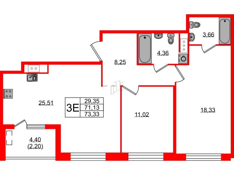 Квартира в ЖК N8, 2 комнатная, 73.33 м², 3 этаж
