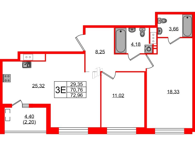 Квартира в ЖК N8, 2 комнатная, 72.96 м², 8 этаж