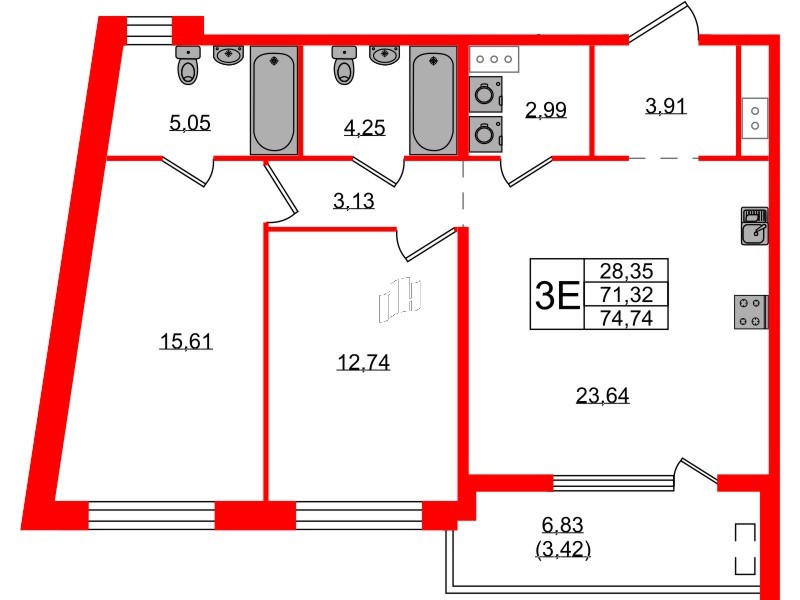 Квартира в ЖК N8, 2 комнатная, 74.74 м², 5 этаж