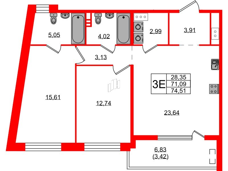 Квартира в ЖК N8, 2 комнатная, 74.51 м², 9 этаж
