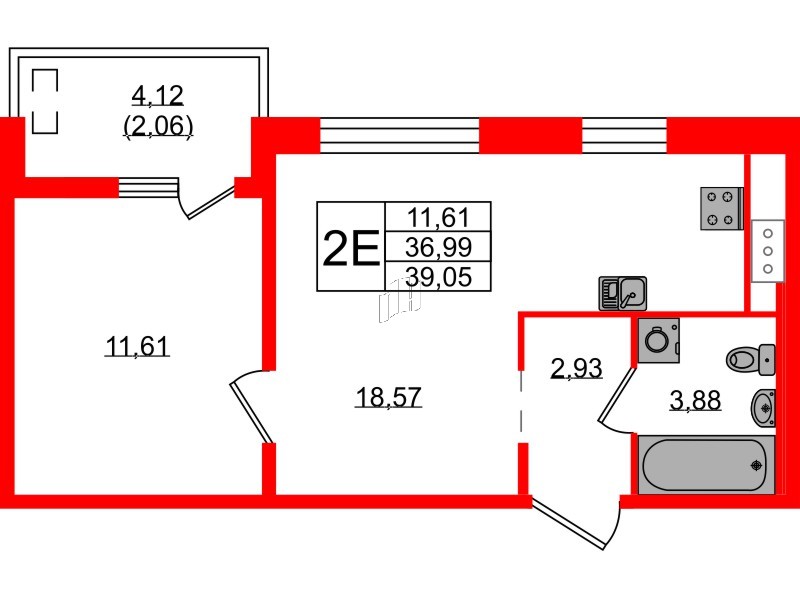 Квартира в ЖК «Новгородская, 8», 1 комнатная, 39.05 м², 7 этаж