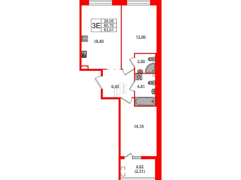 Квартира в ЖК «Новгородская, 8», 2 комнатная, 63.01 м², 2 этаж