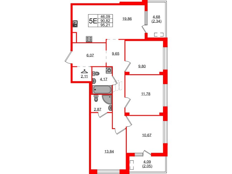 Квартира в ЖК N8, 4 комнатная, 95.21 м², 2 этаж