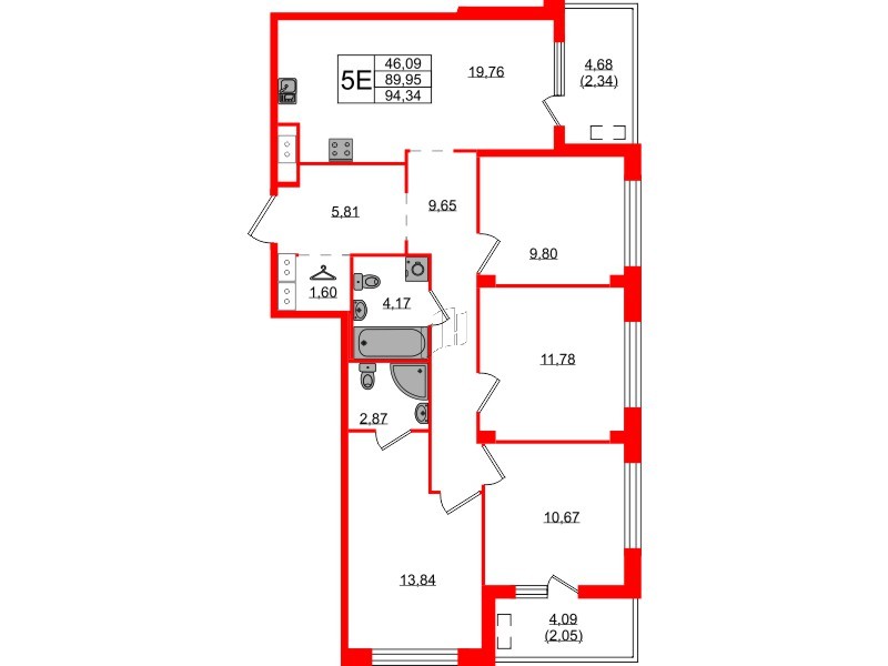 Квартира в ЖК N8, 4 комнатная, 94.34 м², 4 этаж