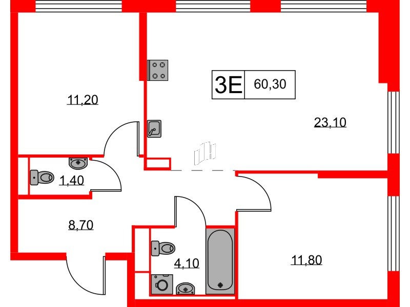 Квартира в ЖК Кантемировская 11, 2 комнатная, 60.3 м², 1 этаж