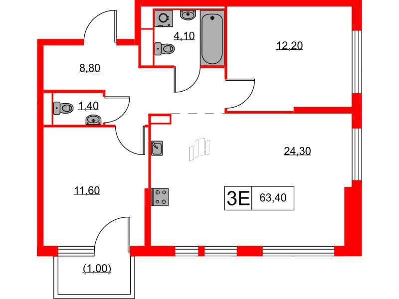 Квартира в ЖК Кантемировская 11, 2 комнатная, 63.4 м², 2 этаж
