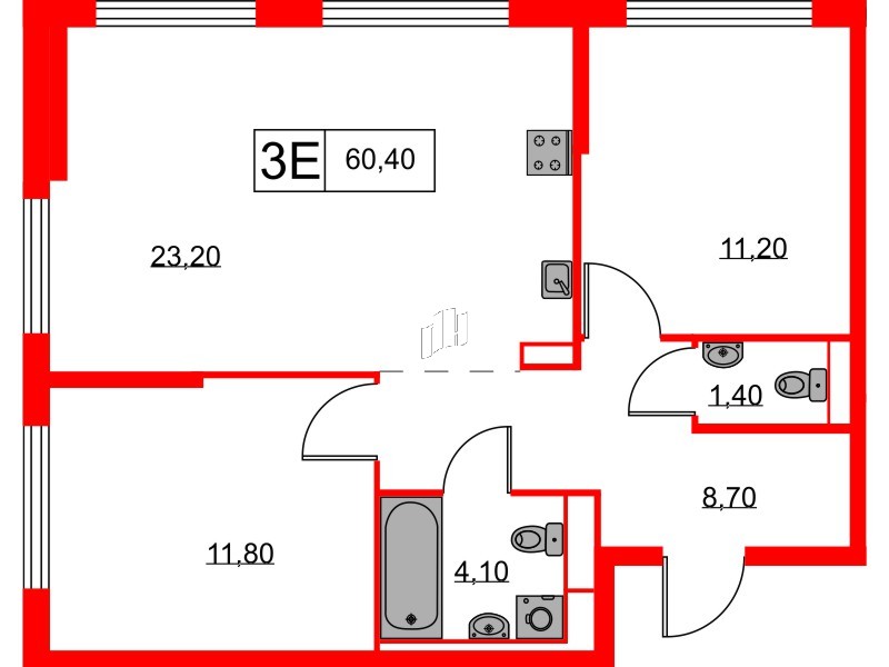 Квартира в ЖК Кантемировская 11, 2 комнатная, 60.4 м², 1 этаж