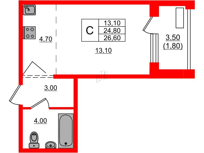 Квартира в ЖК Сибирь, студия, 26.6 м², 6 этаж