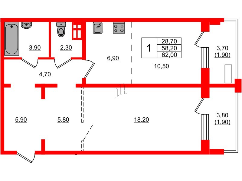 Квартира в ЖК Сибирь, 1 комнатная, 62 м², 8 этаж