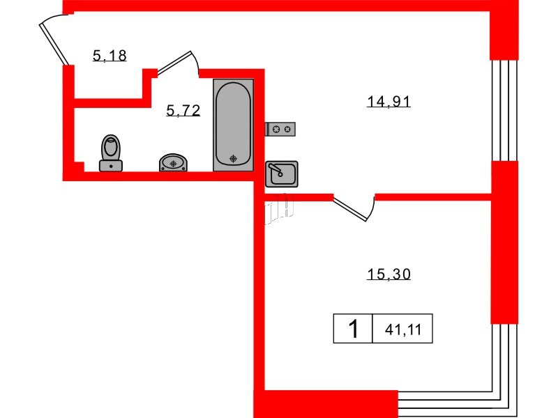Апартаменты в ЖК 17/33 Петровский Остров, 1 комнатные, 41.11 м², 4 этаж
