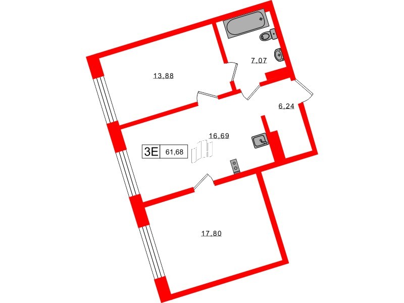 Апартаменты в ЖК 17/33 Петровский Остров, 2 комнатные, 61.68 м², 6 этаж