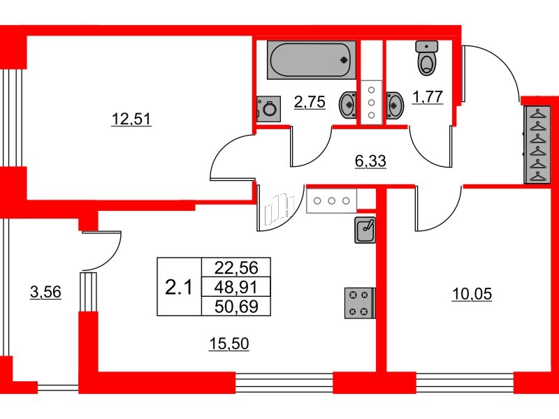 Квартира в ЖК «Город звёзд», 2 комнатная, 48.91 м², 14 этаж