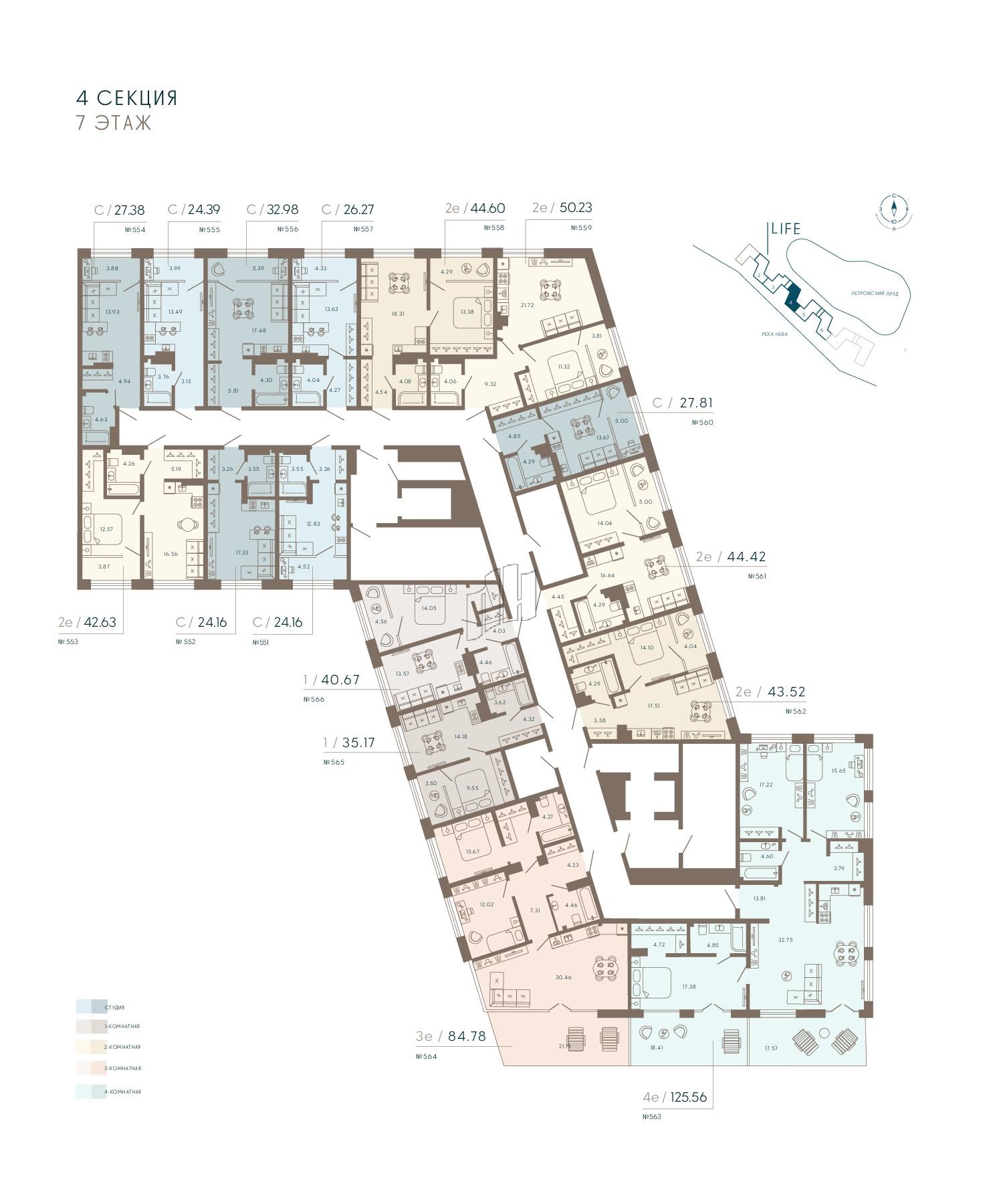 Апартаменты в ЖК 17/33 Петровский Остров, 1 комнатные, 46.02 м², 7 этаж