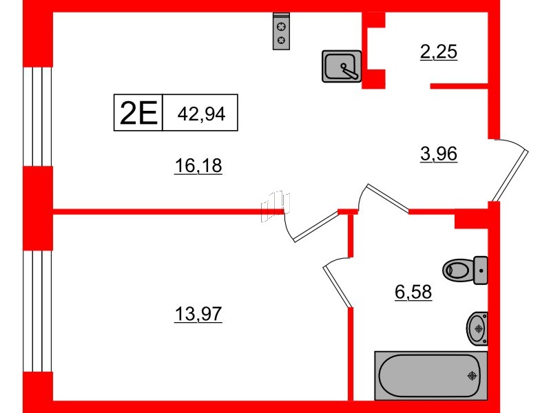 Апартаменты в ЖК 17/33 Петровский Остров, 1 комнатные, 42.94 м², 2 этаж