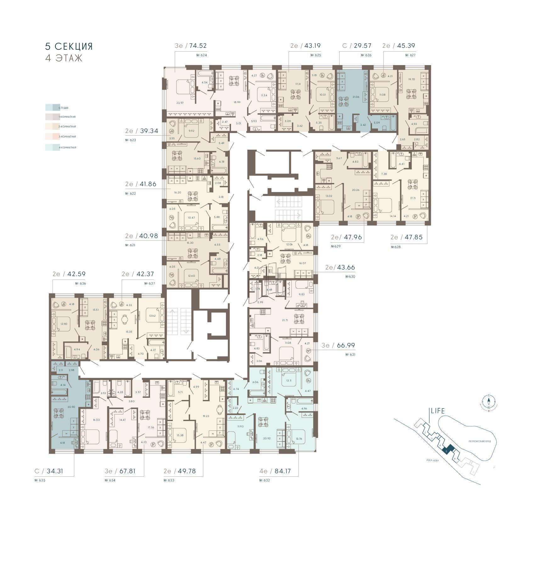 Апартаменты в ЖК 17/33 Петровский Остров, 1 комнатные, 42.79 м², 4 этаж