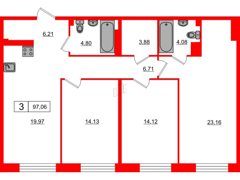 Апартаменты в ЖК 17/33 Петровский Остров, 3 комнатные, 97.06 м², 8 этаж