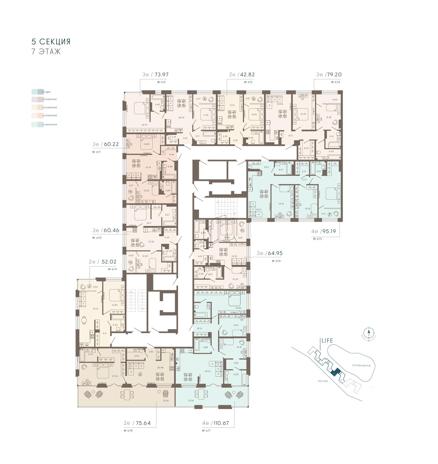 Апартаменты в ЖК 17/33 Петровский Остров, 3 комнатные, 130.79 м², 7 этаж