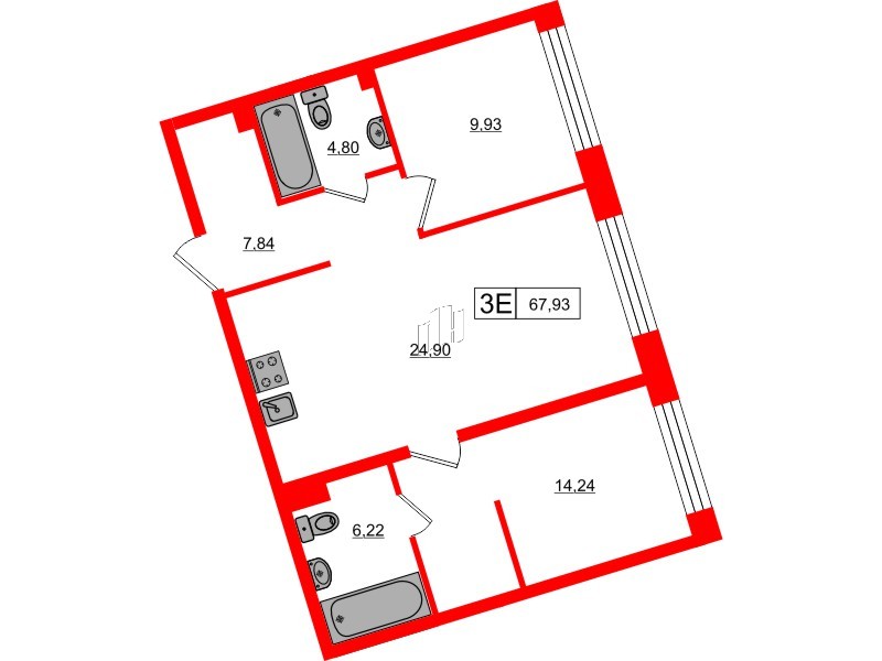 Апартаменты в ЖК 17/33 Петровский Остров, 2 комнатные, 67.93 м², 2 этаж