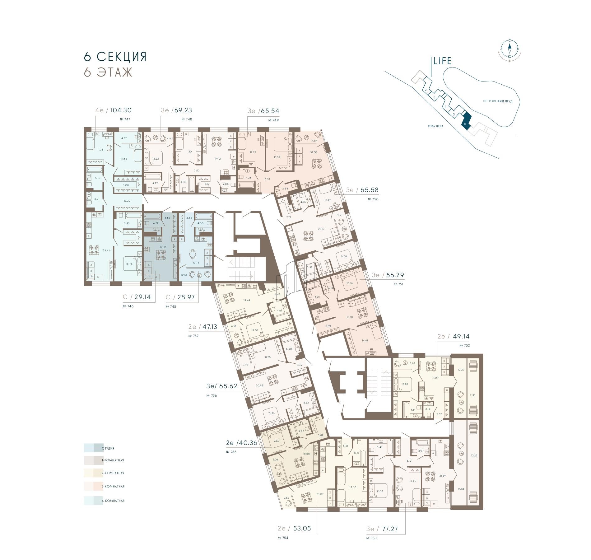 Апартаменты в ЖК 17/33 Петровский Остров, 2 комнатные, 67.47 м², 6 этаж
