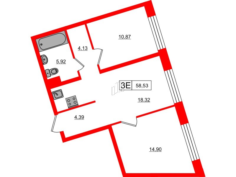 Апартаменты в ЖК 17/33 Петровский Остров, 2 комнатные, 58.53 м², 5 этаж
