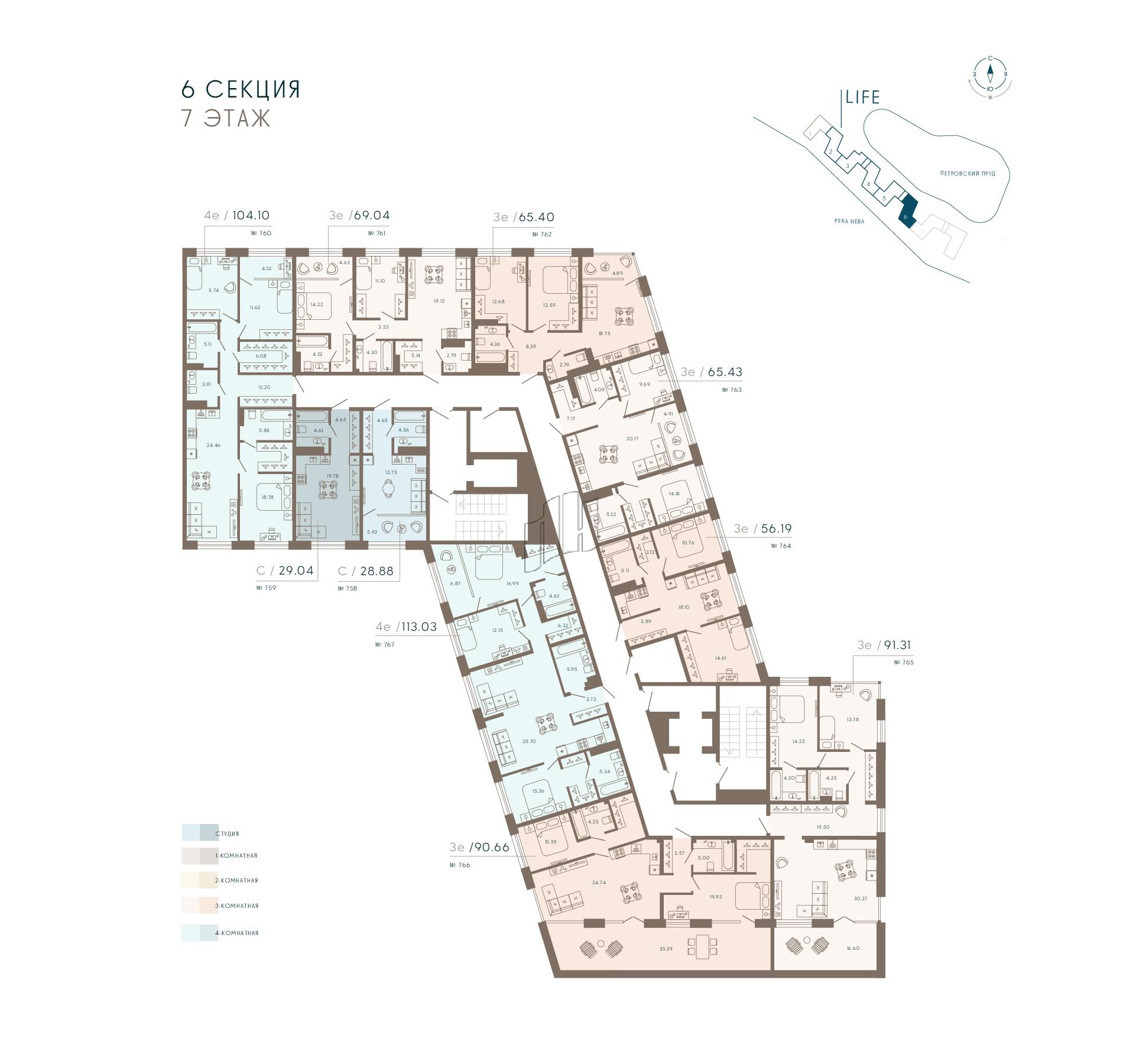 Апартаменты в ЖК 17/33 Петровский Остров, 2 комнатные, 113.36 м², 7 этаж