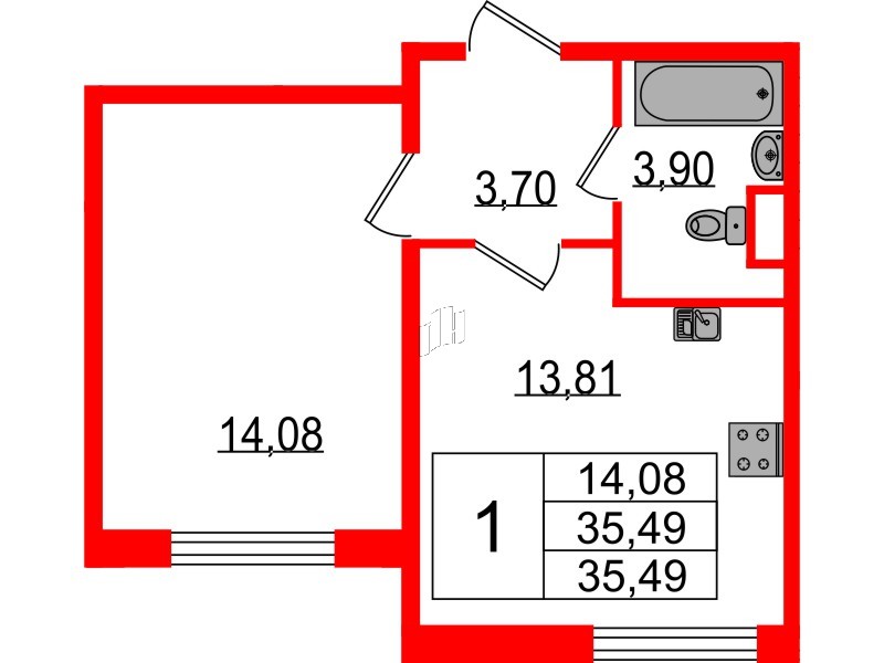 Квартира в ЖК Sertolovo Park, 1 комнатная, 35.49 м², 1 этаж