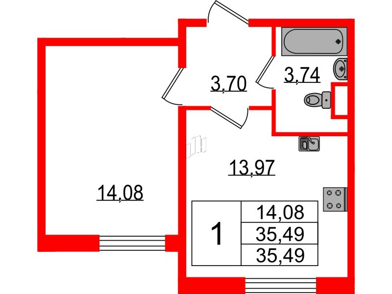 Квартира в ЖК Sertolovo Park, 1 комнатная, 35.49 м², 1 этаж
