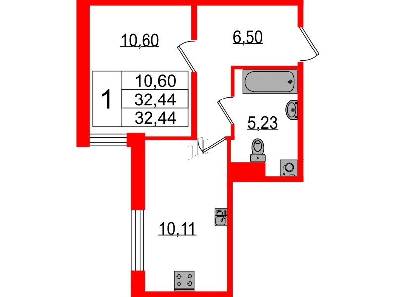 Квартира в ЖК Sertolovo Park, 1 комнатная, 32.44 м², 2 этаж