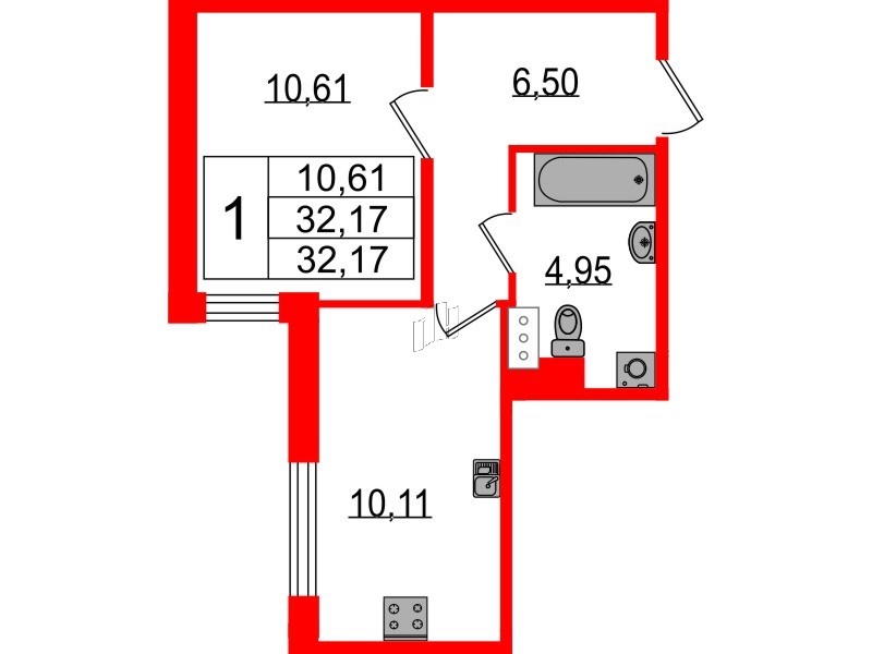 Квартира в ЖК Sertolovo Park, 1 комнатная, 32.17 м², 4 этаж