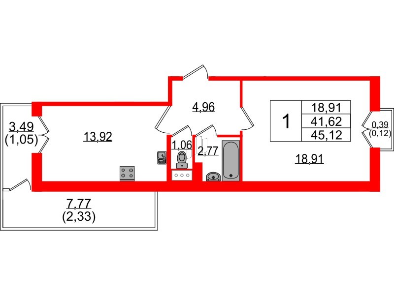 Квартира в ЖК Сертолово Парк, 1 комнатная, 41.6 м², 4 этаж