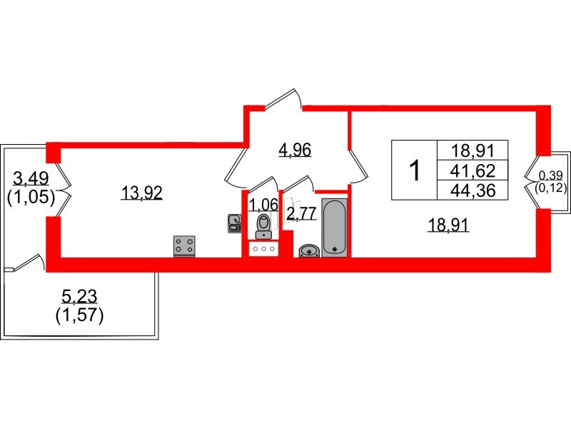 Квартира в ЖК Сертолово Парк, 1 комнатная, 41.7 м², 5 этаж