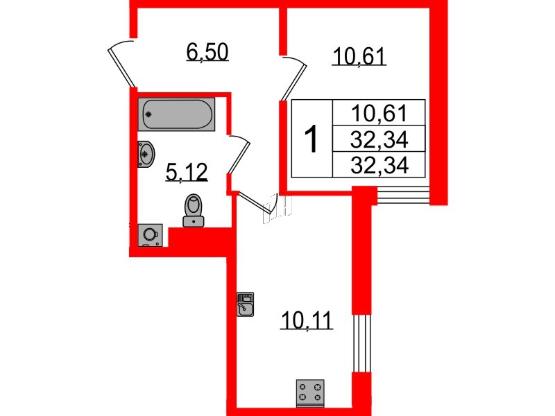 Квартира в ЖК Sertolovo Park, 1 комнатная, 32.34 м², 2 этаж