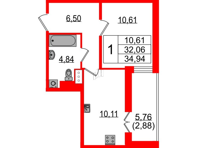 Квартира в ЖК Sertolovo Park, 1 комнатная, 34.94 м², 7 этаж