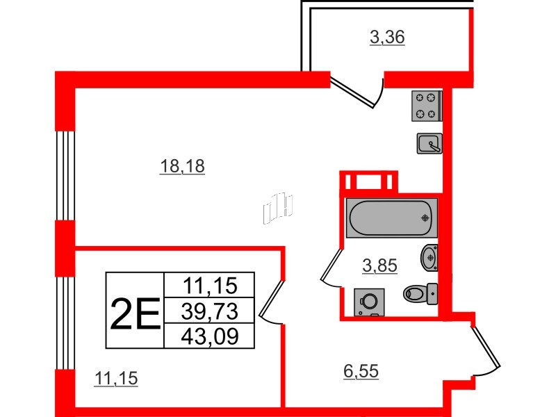 Квартира в ЖК ЦДС Parkolovo, 1 комнатная, 43.09 м², 15 этаж