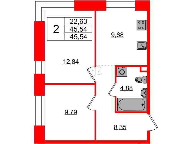 Квартира в ЖК «Плюс Пулковский», 2 комнатная, 45.54 м², 1 этаж