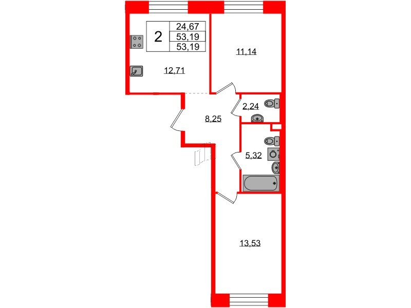 Квартира в ЖК «Плюс Пулковский», 2 комнатная, 53.19 м², 2 этаж