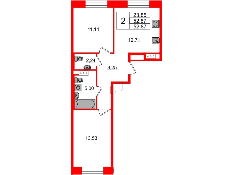 Квартира в ЖК «Плюс Пулковский», 2 комнатная, 52.87 м², 4 этаж
