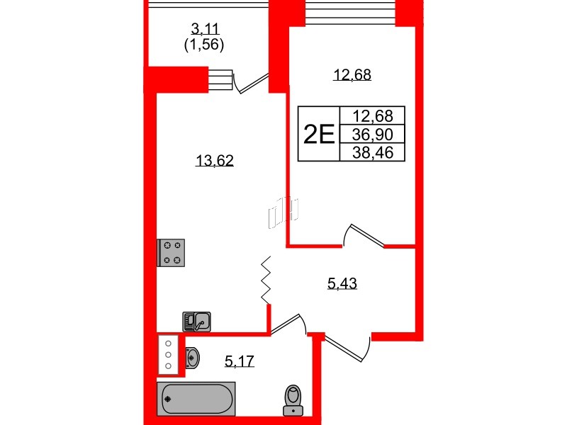 Квартира в ЖК Квартал Уютный, 1 комнатная, 38.5 м², 4 этаж