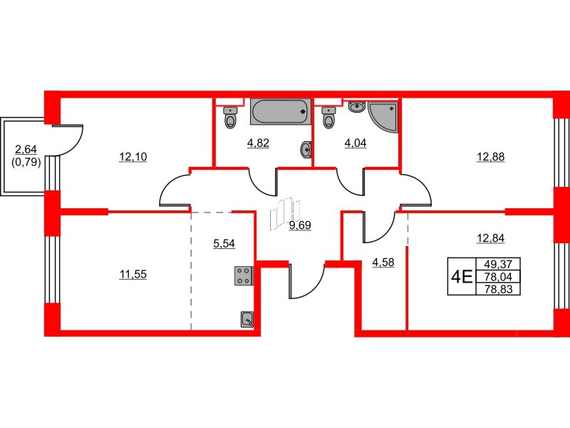 Квартира в ЖК Живи в Рыбацком, 3 комнатная, 78.83 м², 5 этаж