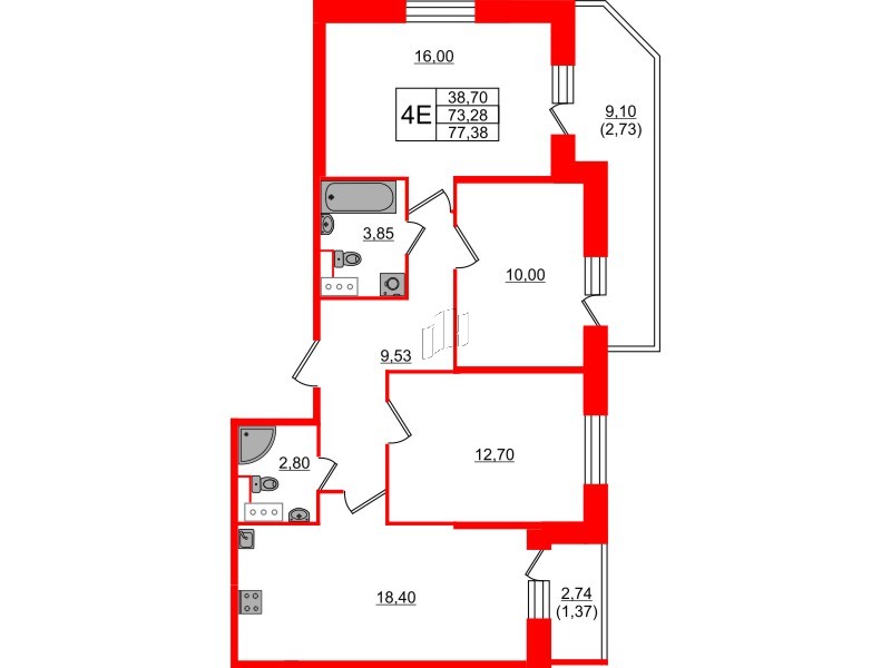 Квартира в ЖК Живи в Рыбацком, 3 комнатная, 77.38 м², 11 этаж